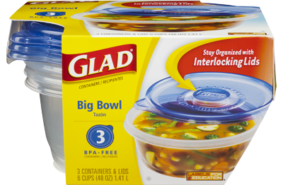 Glad Big Bowl Containers, with Lids, Round Size, 6 Cups