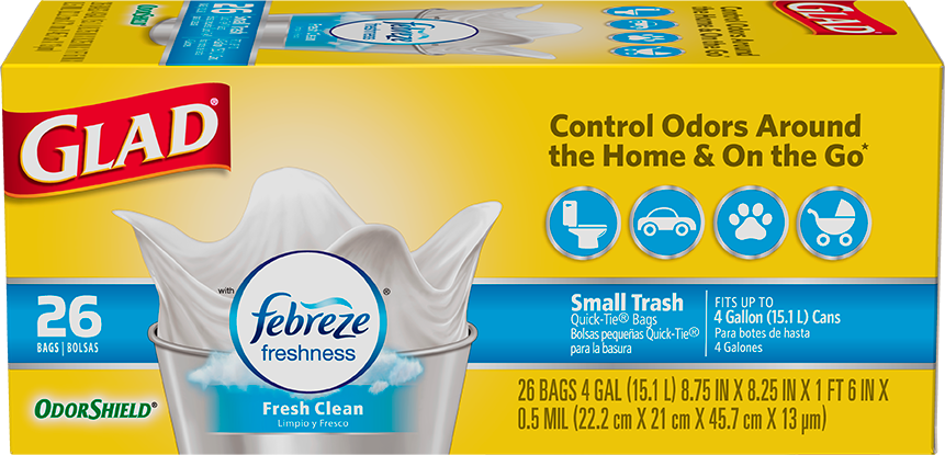 Glad OdorShield 4 Gallon Kitchen Trash Bags,Fresh Clean, 26/Box