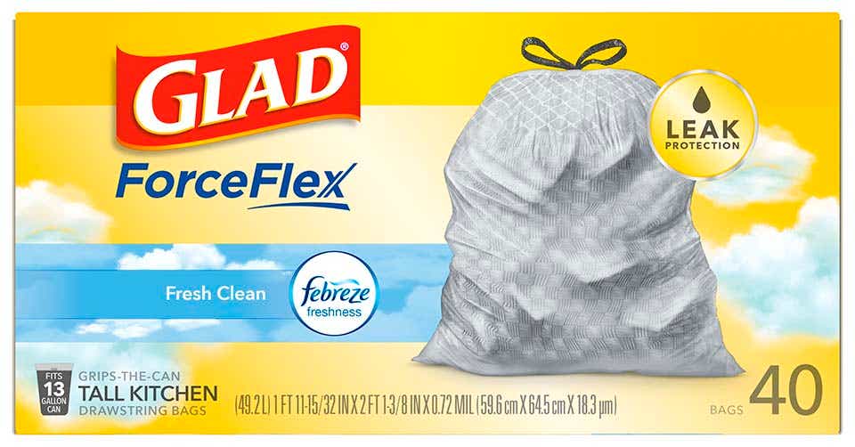 Glad ForceFlex Tall Kitchen Drawstring Trash Bags, 13 Gallon, Gain Scent  with Febreze, 22 Count