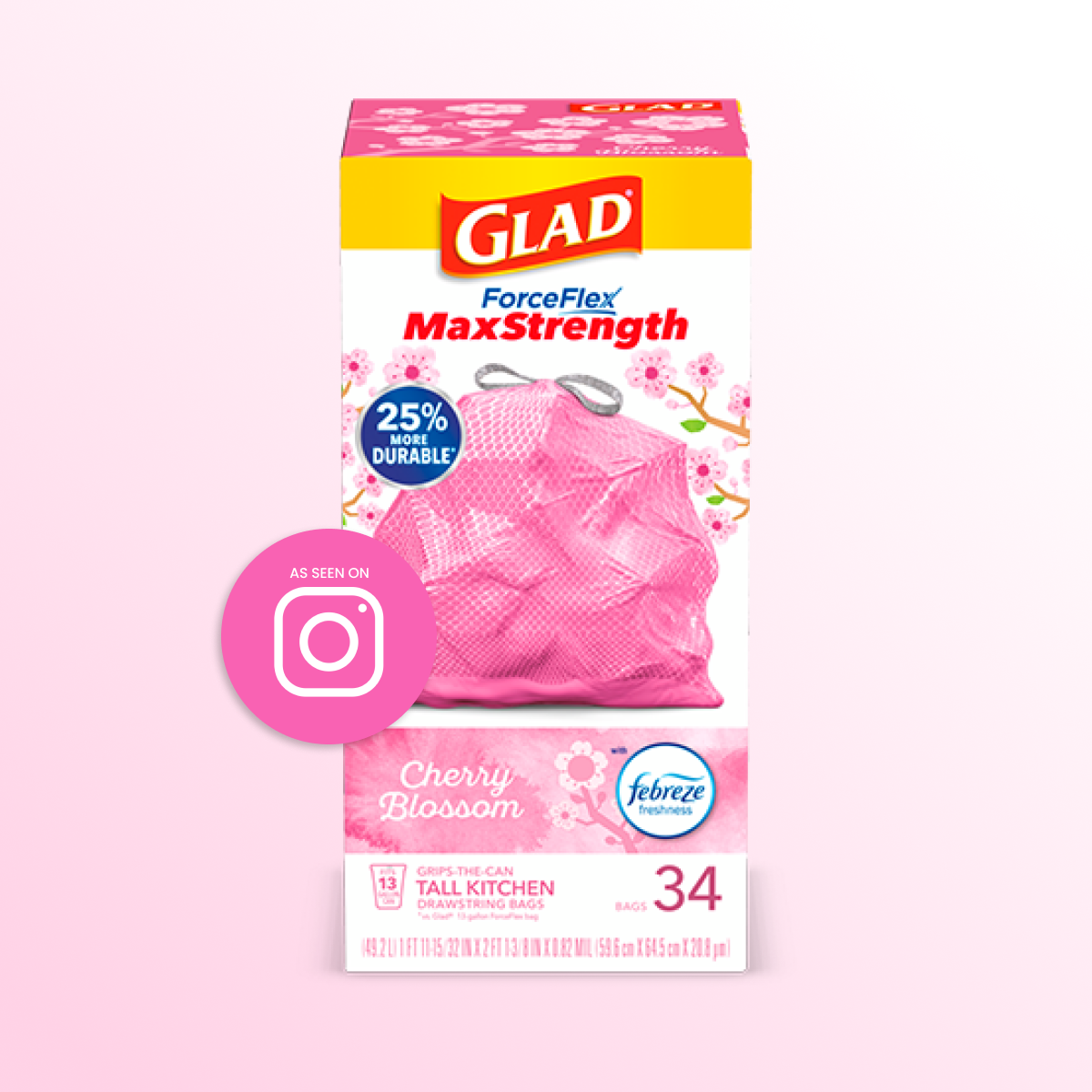 Glad Forceflex Maxstrength Tall Kitchen Drawstring Pink Trash Bags - Cherry  Blossom - 13 Gallon/45ct : Target